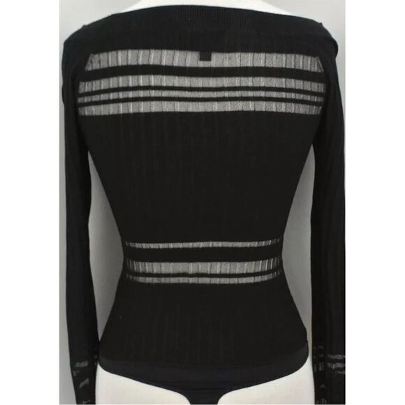 INTERMIX Women's Black Sheer Knit Bodysuit Size L Off-Shoulder Top - Picture 2 of 7